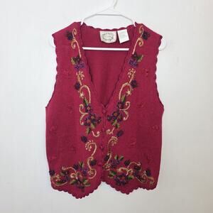 Vintage Erika Cranberry Floral Embroidered Button Up Cottagecore Vest Size L